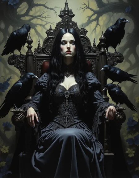 A gothic-looking woman with long black hair, wearing an elaborate dark Victorian-style dress, sitting on an antique wooden throne. She is surrounded by black-plumed crows that seem to guard her. The atmosphere is somber, with dim lighting highlighting her serious and mysterious expression,
and intricate details on her dress. The background has patterns of intertwined branches and dark leaves, suggesting an enchanted forest atmosphere or a forgotten kingdom. <lora:sxz-Dark-Fantasy-v2-Flux:1>