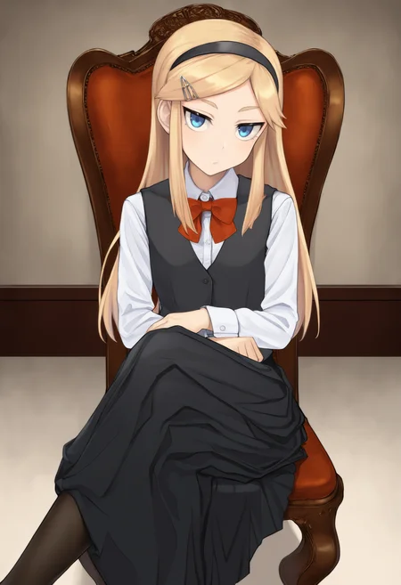 masterpiece, best quality, 1girl,  Kojikira, blonde hair, long hair, blue eyes, hairband, hairclip, red bowtie, black vest, white shirt, black skirt, long sleeves, long skirt, sitting, crossed legs, black pantyhose, looking at viewer, indoors, chair,   <lora:Akira IXL 2  -000012:1>