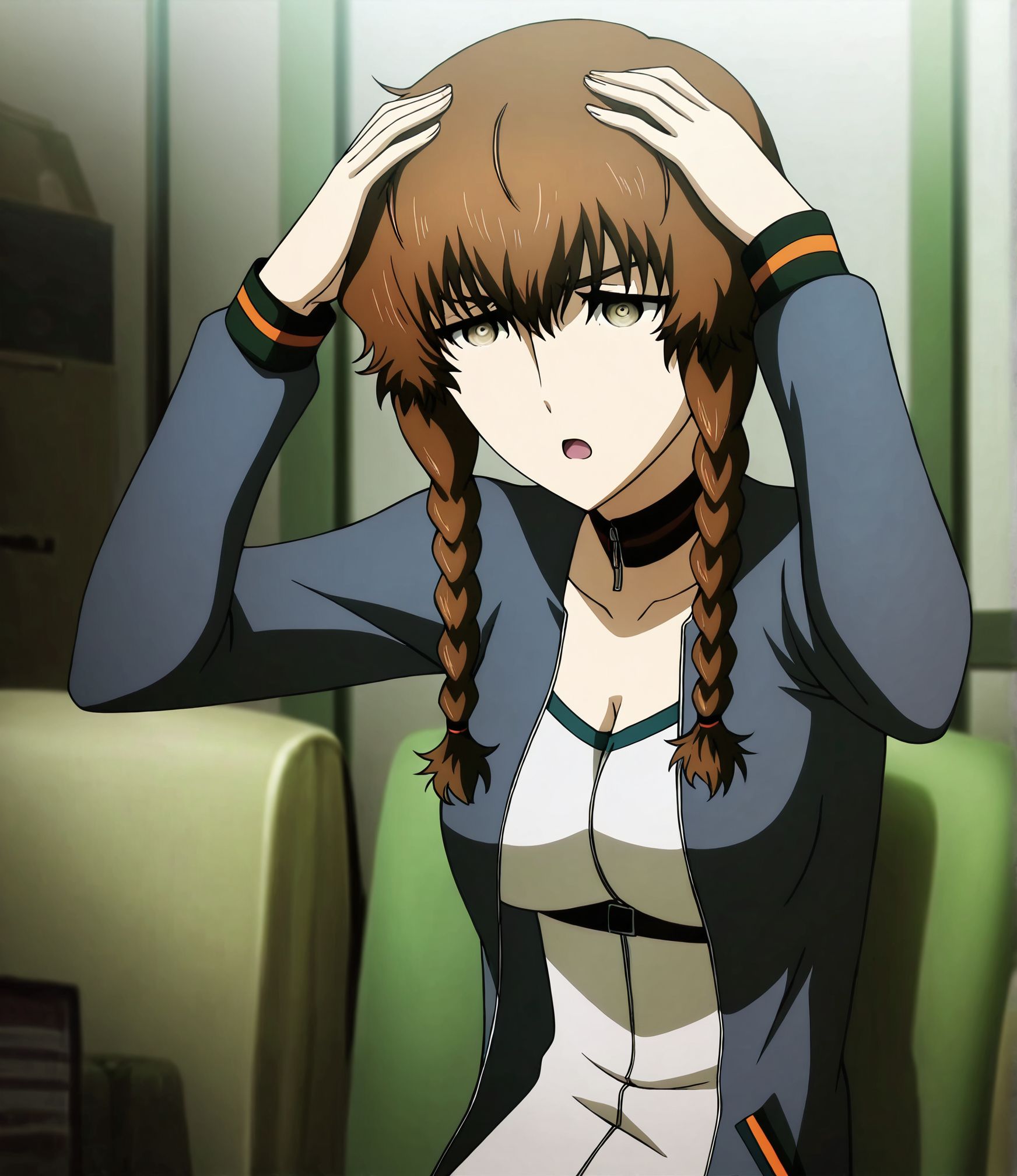 masterpiece, best quality, newest, absurdres, highres, detailed eyes, beautiful, detailed background, perfect eyes, anime coloring, anime screencap,
<lora:My_dad_got_the_MVP:1>My dad got the MVP,
(Raising both own hands with palms open near the head),
1girl,indoors, sitting, serious, open mouth, 
solo,(raising own hands) ,
<lora:suzuha:0.9>,suzuha,1girl,twin braids,brown hair,brown eyes,track jacket,,cleavage,open jacket,
steins;gate, official art,