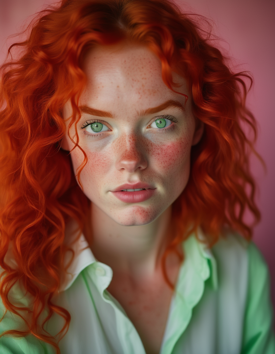 A close-up portrait of a young, freckled Irish woman with fiery red hair, styled in loose curls that frame her face. Her green eyes sparkle with mischief, and her lips are painted a soft, natural pink. She wears a simple, white blouse that contrasts beautifully with her vibrant hair. <lora:usual-portrait-v2:1>