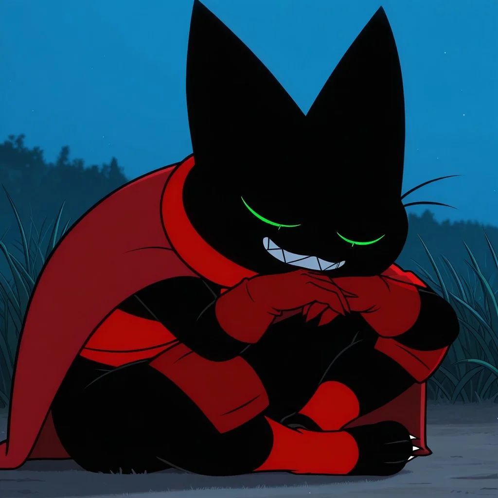 masterpiece, best quality, amazing quality, m4om4o, male, furry male, anthro, solo, cat, black fur, green sclera, black pupils, whiskers, sharp teeth, sharp nails, paw pads, red cape, red sash, red gloves, red knee guards, red ankle bands, sitting down, legs crisscrossed, on ground, leaning on head on hand, smile, closed eyes, outdoors, grass, dark, nighttime