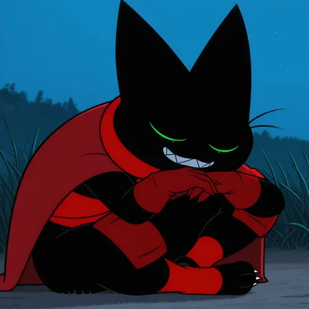 masterpiece, best quality, amazing quality, m4om4o, male, furry male, anthro, solo, cat, black fur, green sclera, black pupils, whiskers, sharp teeth, sharp nails, paw pads, red cape, red sash, red gloves, red knee guards, red ankle bands, sitting down, legs crisscrossed, on ground, leaning on head on hand, smile, closed eyes, outdoors, grass, dark, nighttime