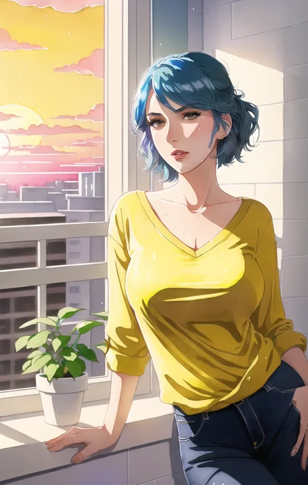 1girl, mature woman, ((full length shot)), masterpiece, professional illustration, standing, (blue hair), shouting, angry, mad, (sweating), (wet face), (large breasts), tall, long legs, portrait, anatomically correct, (full body), skin texture, anime eyes, perfect eyes, beautiful, gorgeous, European, beautiful body, (wearing black pants), ((yellow shirt)), short hair, arched eyebrows, perfect hands, original image, perfect image, professional, perfectly drawn, professional illustration, fashion model, sexy model, photo shoot, pink, party lights, lights, photo studio, creative studio, plants, green plants, white pots with plants, pretty face, cute, (sunset:1.3), night setting, neon reflections, neon lights, highly detailed background, apartment background, studio apartment, shallow depth of field, tiled wall, Bokeh, gorgeous photo, watercolors, pastel watercolors, otzk