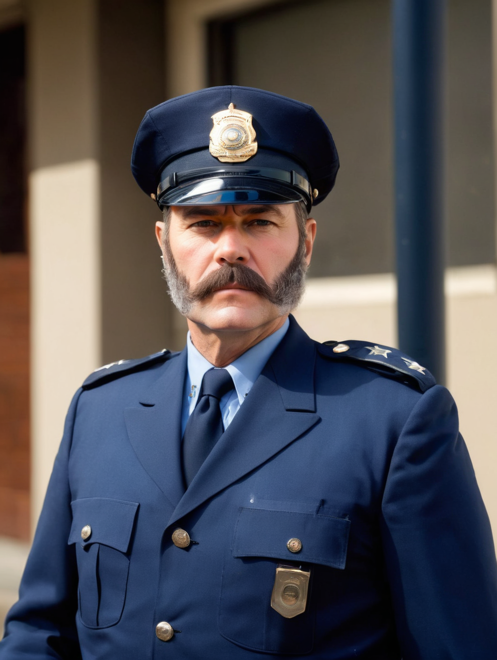masterpiece photo, medium full body shot, of an aging policeman, in full uniform, <lora:A_Sideburns_Cut:1.3>(a_sideburns_cut), side-burns, (mutton-chops:1.3),police station background,