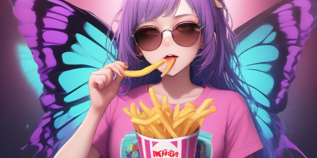 Masterpice,High Quality,portrait,anime
 <lora:PE_ButterflyLady:0.7> PEButterflyLady, 
t-shirt,sunglasses,eating a french fries