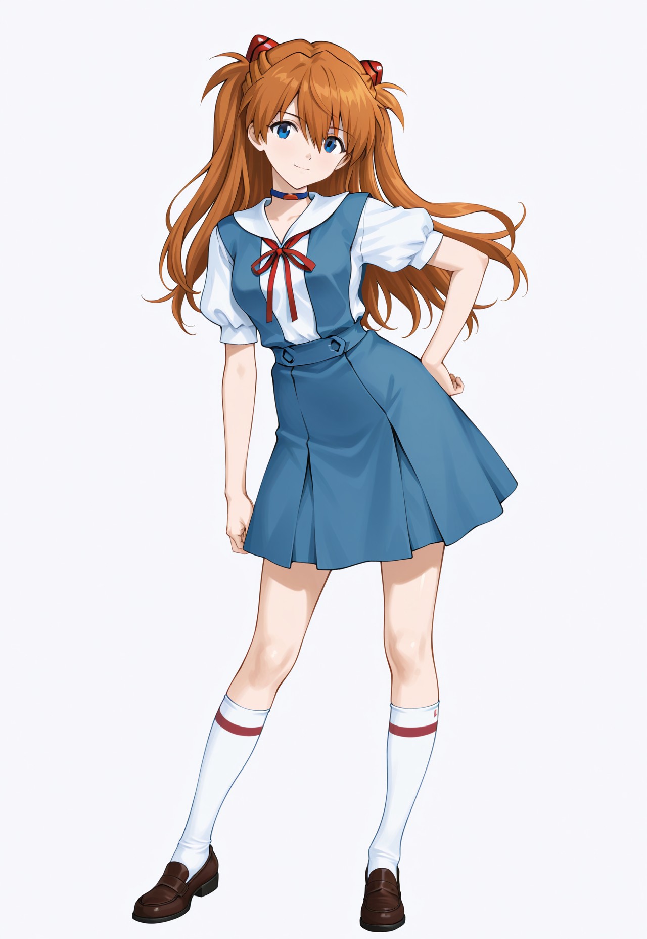 digital art of asuka langley soryu from neon genesis evangelion, anime style, full body, standing, white background, asuka has long orange hair with red hairbands, blue eyes, wearing a blue dress with white puffy sleeves and a red ribbon at the collar, blue skirt, white socks with red stripes, brown mary jane shoes, right hand on hip, left hand touching hair, confident expression, detailed shading and highlights, clean lines, no background elements, character centered, bright and vibrant colors, anime character design, classic school uniform style, simple and focused composition, medium shot, character looking slightly to the side, white background with no shadows