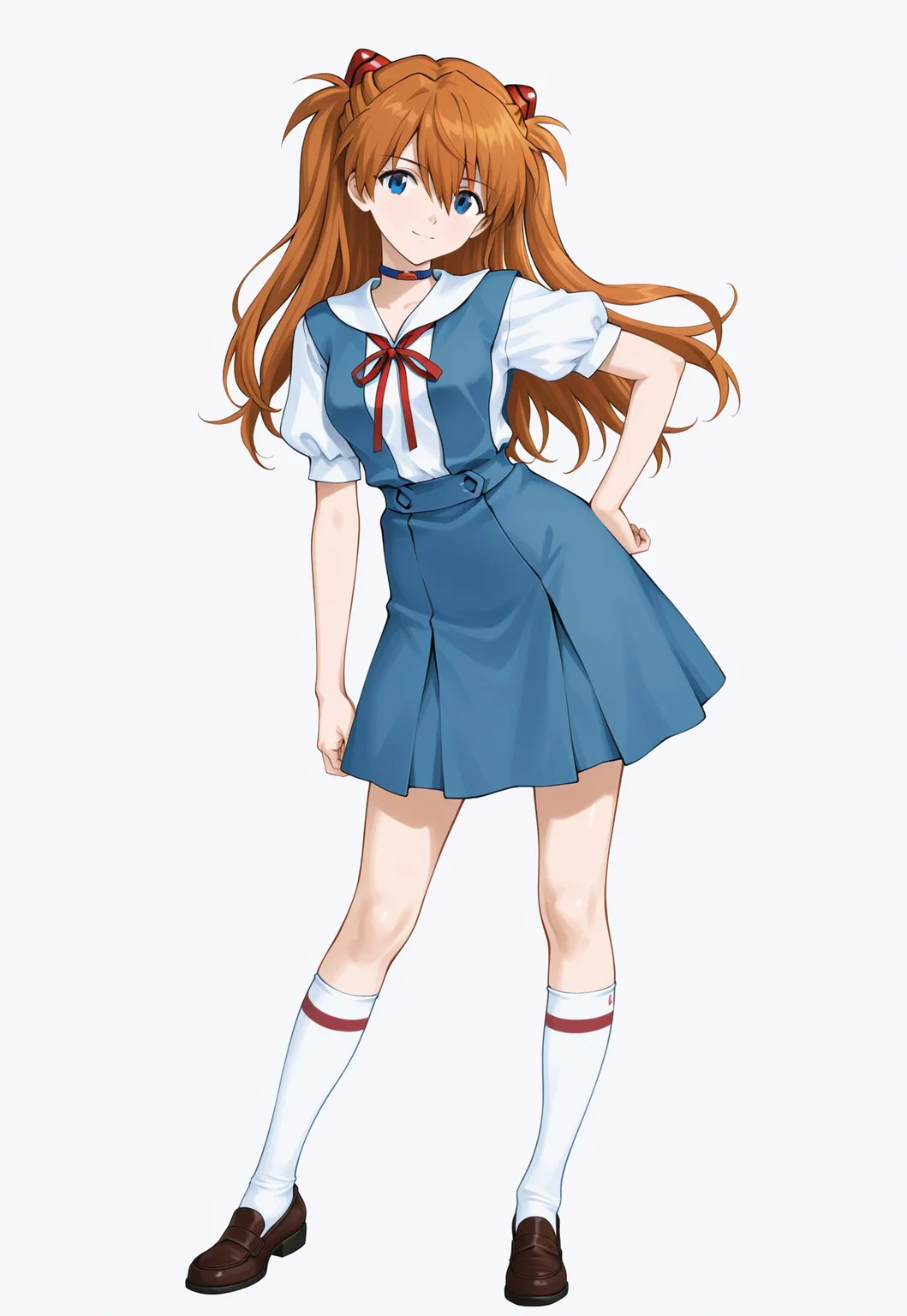 digital art of asuka langley soryu from neon genesis evangelion, anime style, full body, standing, white background, asuka has long orange hair with red hairbands, blue eyes, wearing a blue dress with white puffy sleeves and a red ribbon at the collar, blue skirt, white socks with red stripes, brown mary jane shoes, right hand on hip, left hand touching hair, confident expression, detailed shading and highlights, clean lines, no background elements, character centered, bright and vibrant colors, anime character design, classic school uniform style, simple and focused composition, medium shot, character looking slightly to the side, white background with no shadows