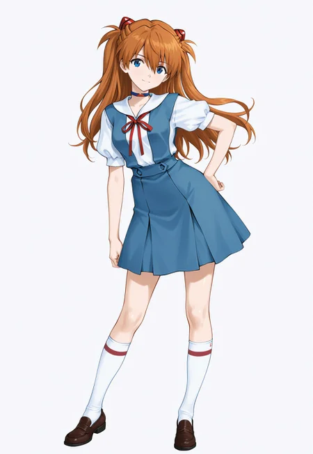 digital art of asuka langley soryu from neon genesis evangelion, anime style, full body, standing, white background, asuka has long orange hair with red hairbands, blue eyes, wearing a blue dress with white puffy sleeves and a red ribbon at the collar, blue skirt, white socks with red stripes, brown mary jane shoes, right hand on hip, left hand touching hair, confident expression, detailed shading and highlights, clean lines, no background elements, character centered, bright and vibrant colors, anime character design, classic school uniform style, simple and focused composition, medium shot, character looking slightly to the side, white background with no shadows
