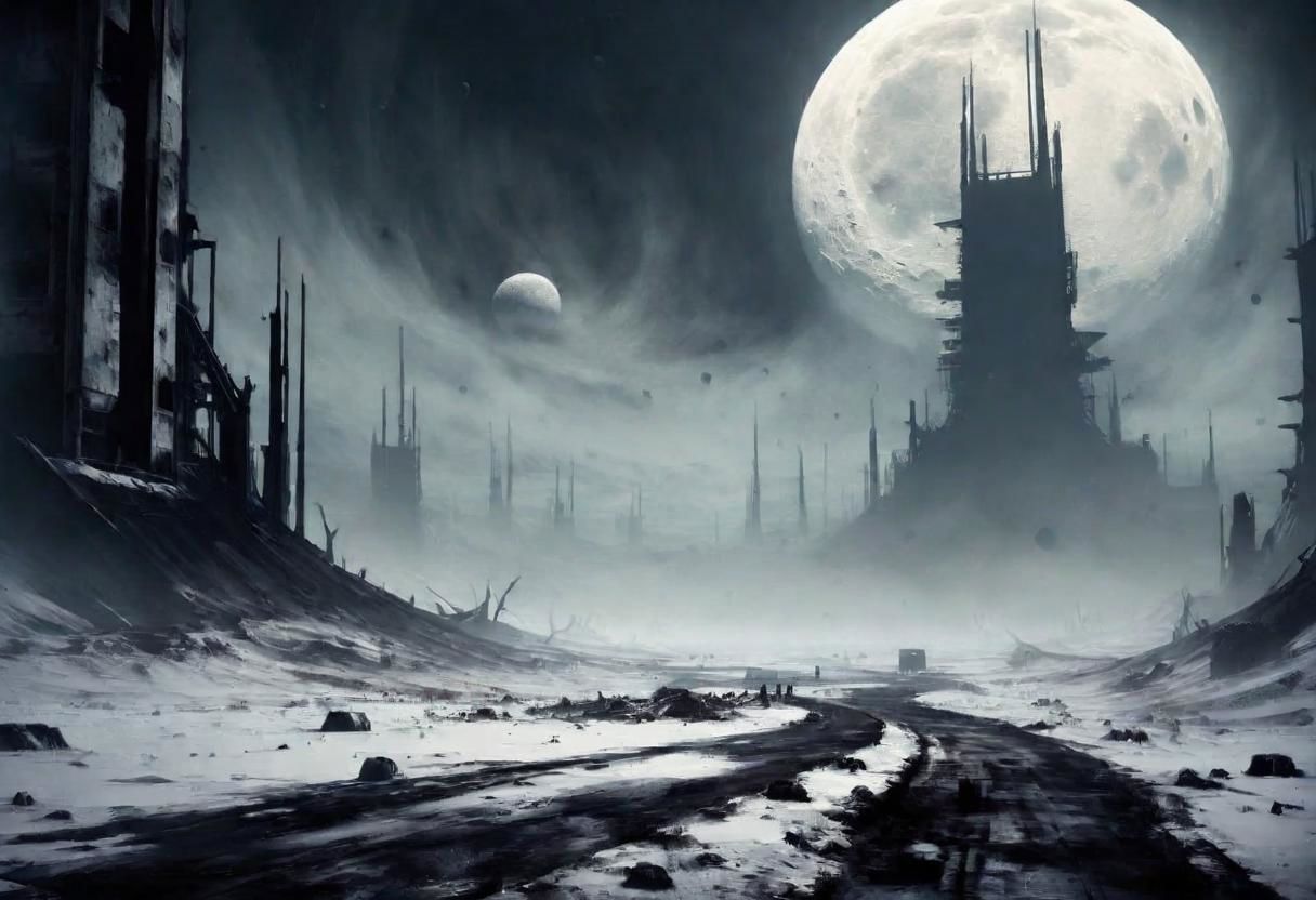 EdobHorrorLandscape,
A landscape of a deserted moon base,
hopeless, nightmare,
fog,
winter,
crimes, muders, gangs,
