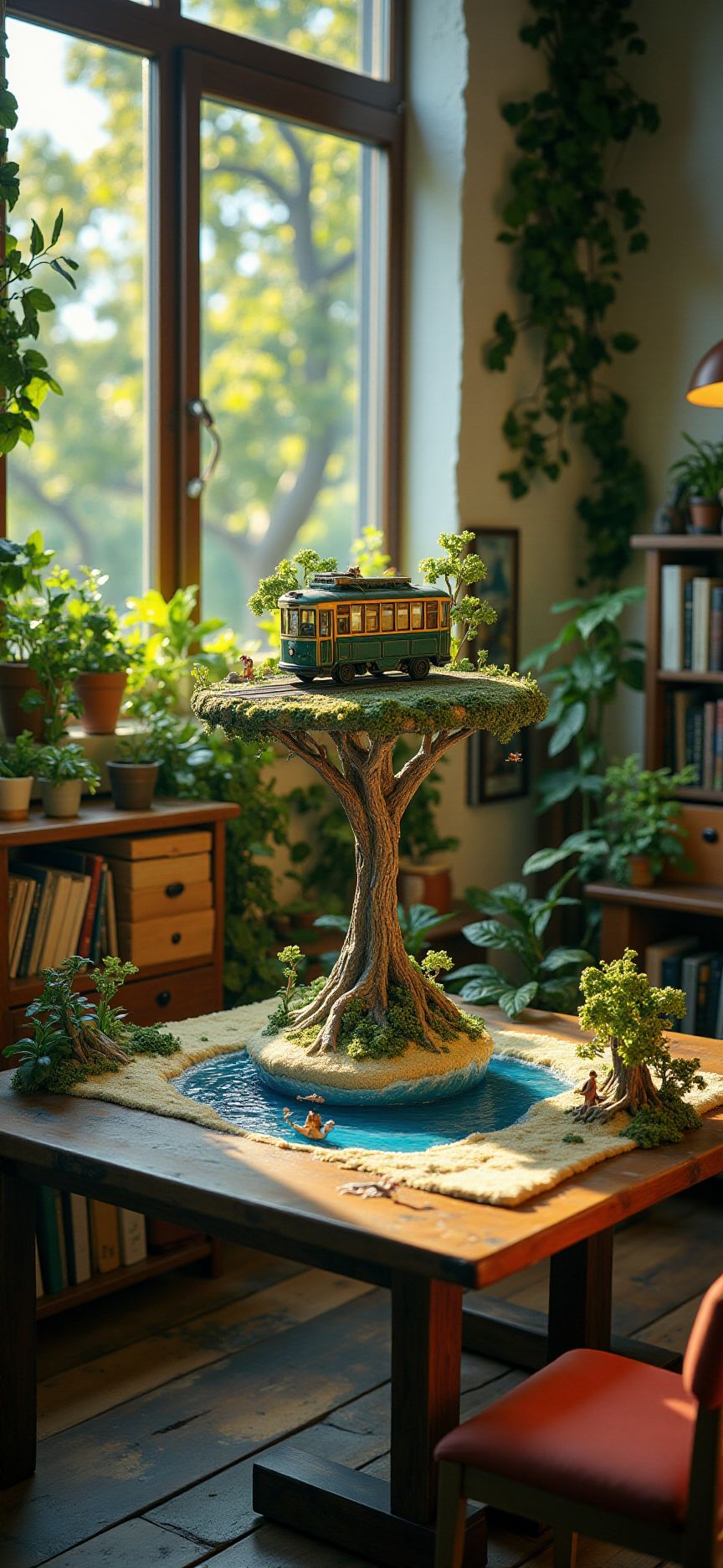 (indoor,very wide isometric view,tilt-shift lens:1.6), (windowless,fna_style,miniature,miniature,diorama,miniature,diorama,PVC,plastic:2),dawn jungle,beach,1930s city with streetcar  at (floating island,levitating  island:1.5) on (table:2) at (attic:2.5)   <lora:Diorama_Flux:1>
 <lora:Fantasy_Novel_Art_Style:1>