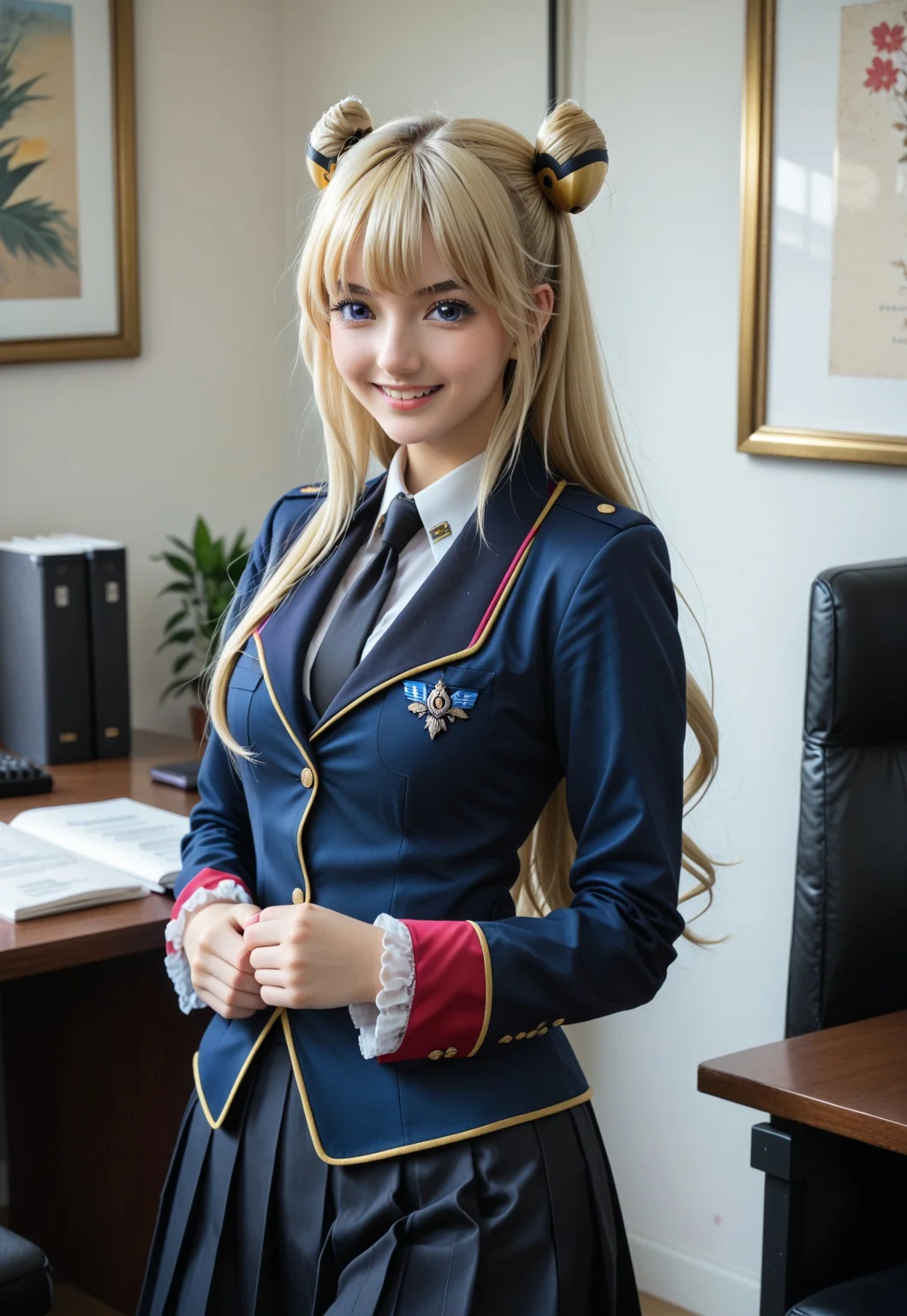 <lora:leila_malcal_CGA_pony:1>leila malcal, military uniform, hair accessories, 1girl, solo, bangs, long hair, blue eyes, pleated skirt, blonde hair, very long hair, purple eyes, necktie, office, hair bun, double bun, cheerful, smile, cowboy shot, standing looking at viewer, <lora:Add_more_details_pony:0.8> black stocking, zettai ryouiki, proportional body, frilled sleeves, photorealistic, Japanese girl