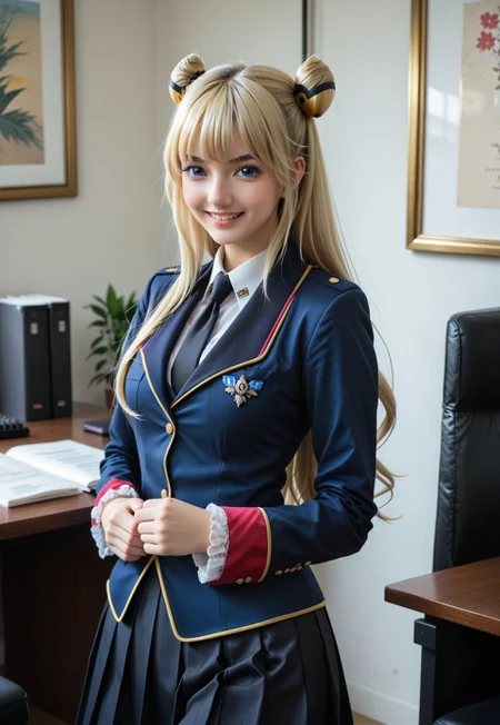 <lora:leila_malcal_CGA_pony:1>leila malcal, military uniform, hair accessories, 1girl, solo, bangs, long hair, blue eyes, pleated skirt, blonde hair, very long hair, purple eyes, necktie, office, hair bun, double bun, cheerful, smile, cowboy shot, standing looking at viewer, <lora:Add_more_details_pony:0.8> black stocking, zettai ryouiki, proportional body, frilled sleeves, photorealistic, Japanese girl