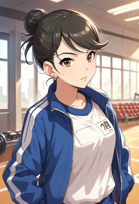 score_9, score_8_up, score_7_up, source_anime,kirino aya, black hair, long hair, brown eyes, 1girl, solo, jewelry, earrings, gym uniform, jacket, single hair bun, hair bun, track jacket, open clothes, looking at viewer