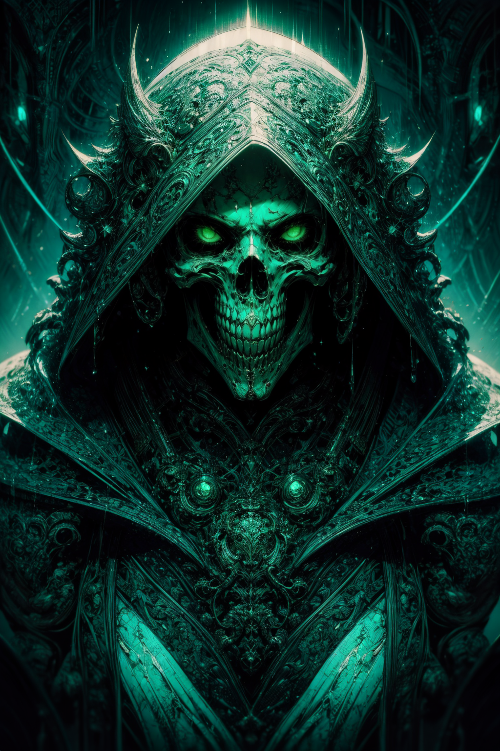 (masterpiece:1.1),  (intricate:1.1), (detailed:1.1), (ornate:1.1), (aesthetic:1.1), BREAK,
(horror:1.2), (grim:1.2), (creepy:1.1), (from above:1.0), BREAK,
(occultist:1.1), (standing:1.0), (hood:1.1), (skull face:1.0),  (robe:1.0), (wearing rags:1.1),  (torn clothes:1.2), (sinister:1.1), (emerald jewelry:1.0), BREAK,
(night:1.2), (dark:1.1), (fluorescent green:1.2), (glowing green:1.2), (fog:1.0), (swamp:1.1),(pestilence:1.0), (decaying:1.0), (corrupted:1.0), (unholy:1.0), (gloomy:1.0), (dripping ichor:1.1)