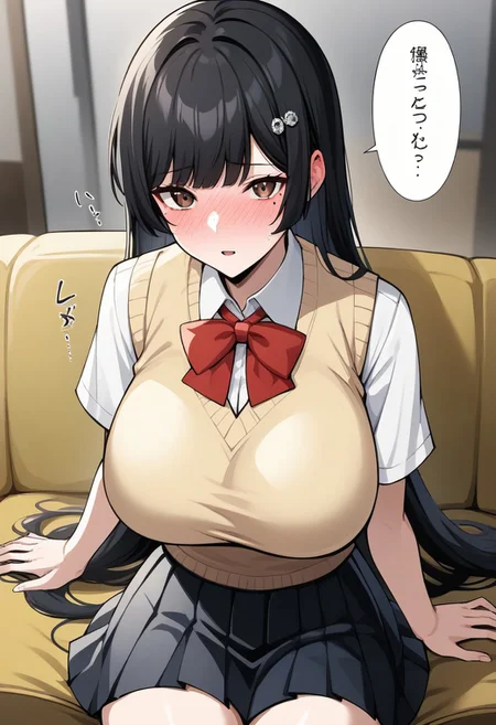 score_9, score_8_up, score_7_up, score_6_up, score_5_up, score_4_up, lineart, LineAniAF, highres
BREAK
source_anime, manga, indoor
BREAK
1girl, solo, solo focus, full-face blush, seductive eyes, shy, embarrassed, parted lips, rikop5x, black hair, very long hair, blunt bangs, hairclip, brown eyes, huge breasts, slim waist, thick thighs, freckles, mole, multiple moles
BREAK
School Uniform, Sweater Vest, White Shirt, Collared Shirt, Loose_Bowtie, pleated skirt
BREAK
looking at viewer, POV, straight-on, sitting, on_sofa, speech bubble, text focus, japanese text, sound effects, whispering