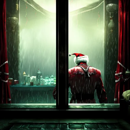 santa looking in through a window, as seen from inside a cosy living room, rain, night, 8k, photo, hyper detailed, by HorrorByDave