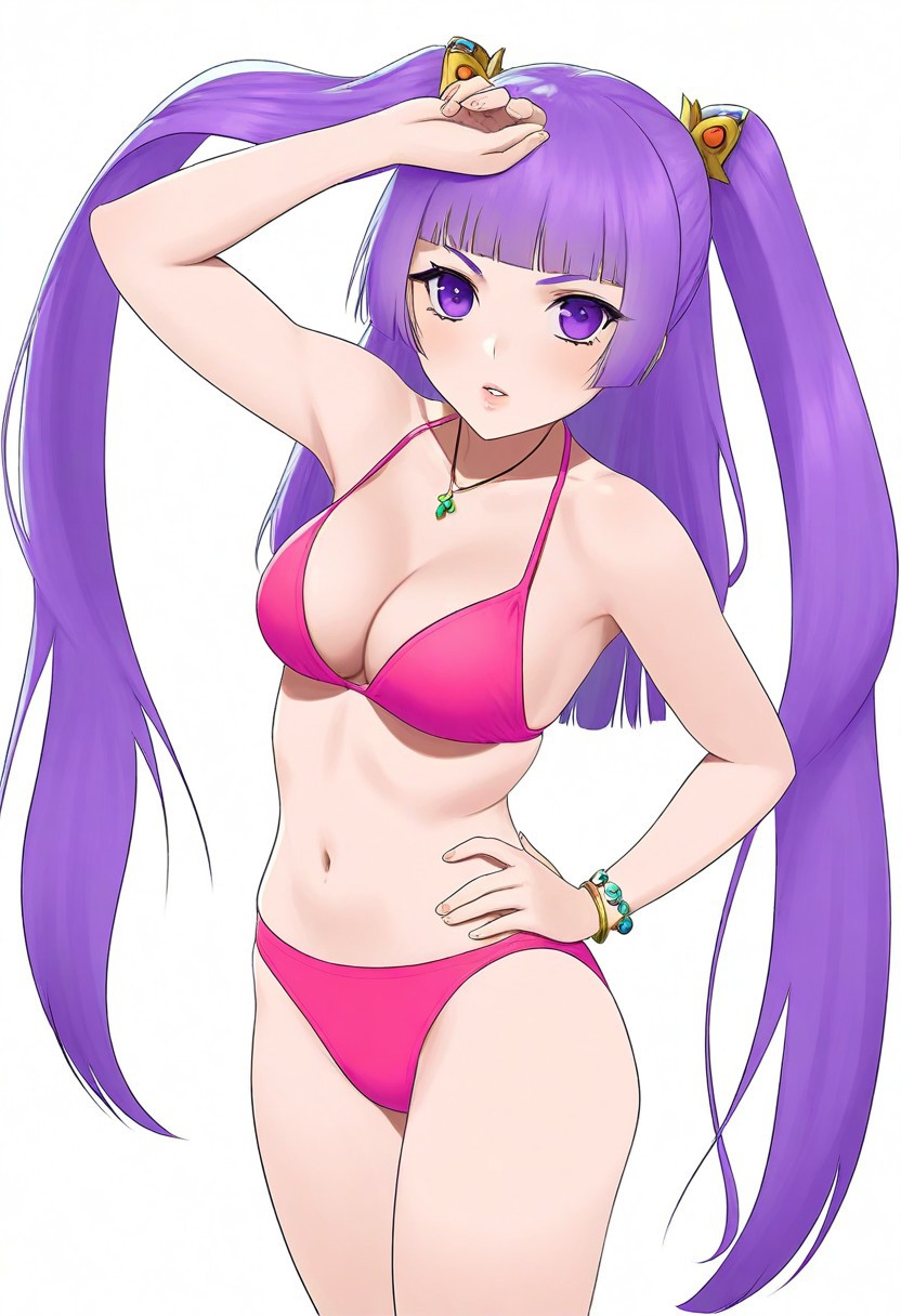 perfect quality, absolutely eye-catching, best quality, very aesthetic, absurdres,carlom,1girl, solo, long hair, breasts, looking at viewer, bangs, simple background, hair ornament, white background, navel, cleavage, twintails, jewelry, medium breasts, very long hair, purple eyes, collarbone, swimsuit, purple hair, bikini, cowboy shot, parted lips, artist name, blunt bangs, arm up, bracelet, lips, pink bikini
