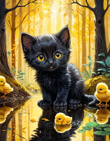 crayon art, cute black kitten, masterpiece composition, complex details, beautiful reflection, warm light, adorable yellow chick, fantasy forest, intricate textures, high resolution, professional illustration