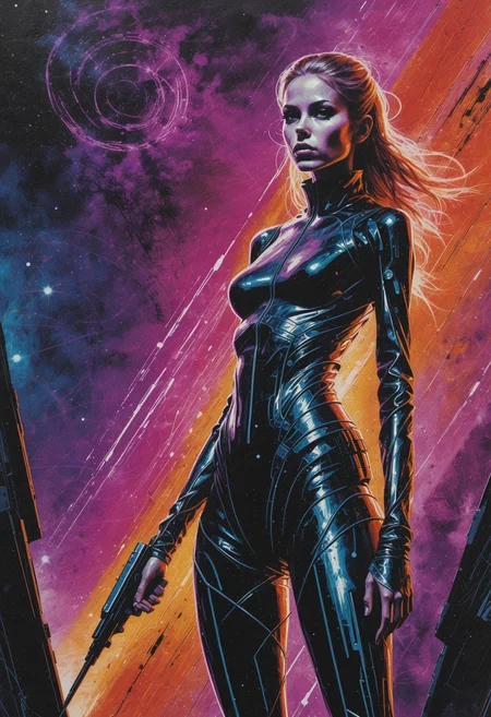 retro-futuristic painting of skinny 1girl inquisitor wearing futuristic battle catsuit with exposed midriff, in a magnetic nebula with a destructive plasma vortex, bright symbols, futuristic atmosphere, authentic, brushstrokes, masterpiece, subdued tones   <lora:dmd2_sdxl_4step_lora> <lora:xl_0-1_SkinnyHelperXL> <lora:xl_Color_in_the_Void_-_Fantasy>