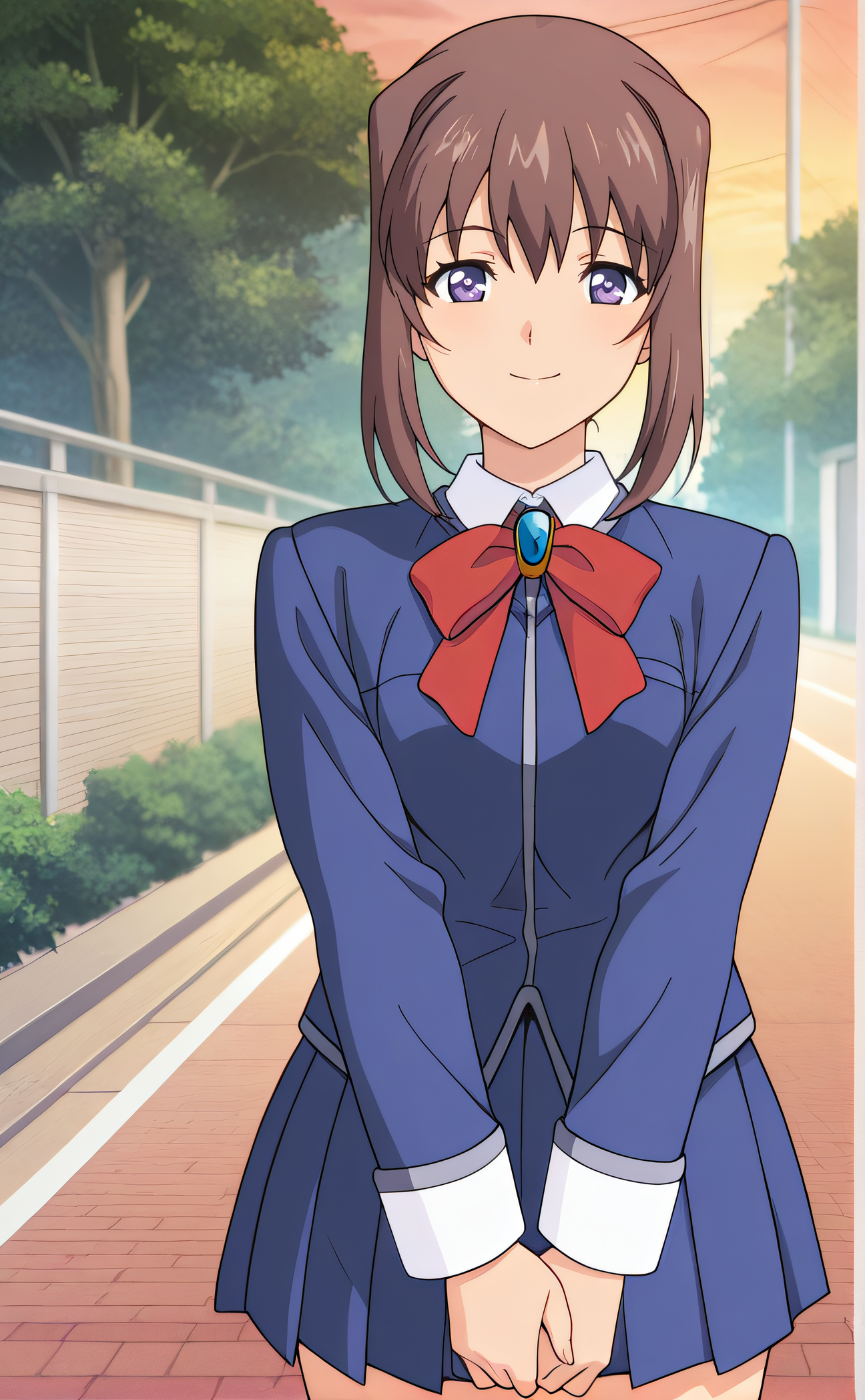 masterpiece, best quality, highres, newest, 1girl, solo, official style, anime screencap, <lora:Sano_Marika:1>, sanomarika, brown hair, purple eyes, red bow, blue jacket, blue pleated skirt, school uniform, looking at viewer, smile, outdoor, cowboy shot