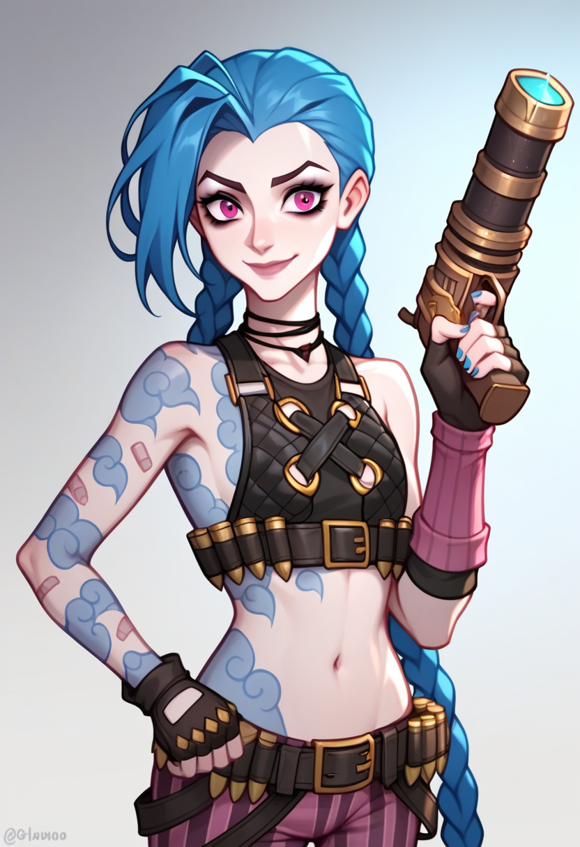 score_9,score_8_up,score_7_up,<lora:league_of_legends_pony:1>,fingerless_gloves, cloud_tattoo, closed_mouth, 1girl, absurdres, highres, solo, arm_tattoo, brown_gloves, holding_gun, jinx_\(league_of_legends\), twin_braids, smile, gradient_background, brown_shirt, bare_shoulders, hand_up, crop_top