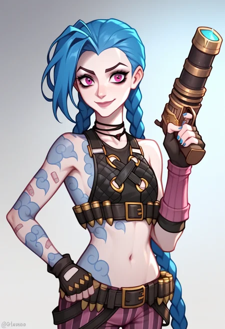 score_9,score_8_up,score_7_up,<lora:league_of_legends_pony:1>,fingerless_gloves, cloud_tattoo, closed_mouth, 1girl, absurdres, highres, solo, arm_tattoo, brown_gloves, holding_gun, jinx_\(league_of_legends\), twin_braids, smile, gradient_background, brown_shirt, bare_shoulders, hand_up, crop_top