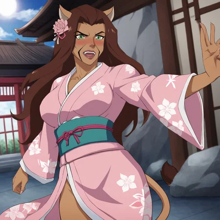 <lora:CheetahBloodlines_pony_v1:.8> CheetahBloodlines, 1girl, animal ears, tail, brown hair, long hair, green eyes, breasts, muscular female, dark skin, dark-skinned female, standing, cowboy shot,, japanese clothes, kimono, hair ornament, blush, hair flower, pink kimono, sash, obi, floral print, wide sleeves