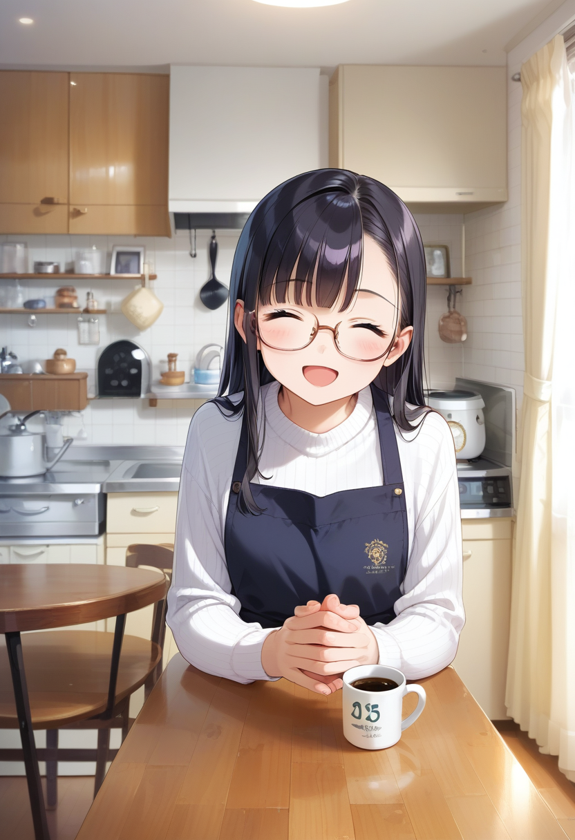 score_9, score_8_up, score_7_up, rating_safe, masterpiece, best quality, absurdres, unity 8k wallpaper, official art, official style, source_anime, uncensored, game cg, megami magazine,
1girl, solo, glasses, black hair, long hair, white ribbed sweater, black apron,  happy, smile, looking at viewer, closed eyes, open mouth, own hands together,
JPkitchen, calendar (object), chair, indoors, scenery, window, sink, wooden table, lamp, kitchen, curtains, cabinet, clock, cofee mug, coffee, 
<lora:JP_kitchen_PONY_V1:1>