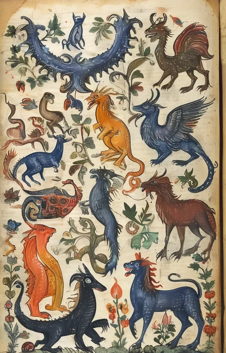 masterpiece,best quality,<lora:tbh207-sdxl:0.9>,illustration,style of Aberdeen Bestiary animals