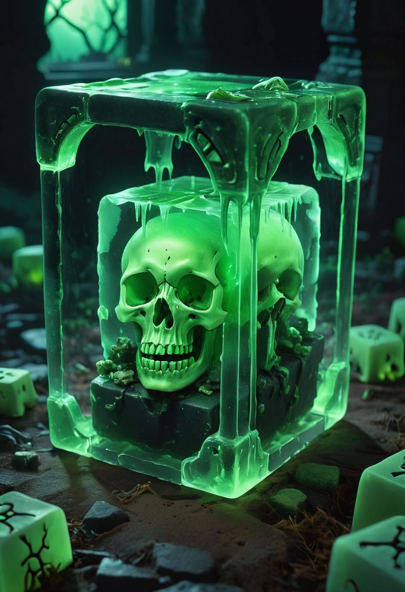 detailed background, glowing green Gelatinous cube(bones stuck inside), 2.418, refraction, graveyard backdrop, dark, composition, low-key, eerie, translucent, illumination,  <lora:ral-crztlgls:0.5>,  SDXL_TI_my_eyes_are_bleeding