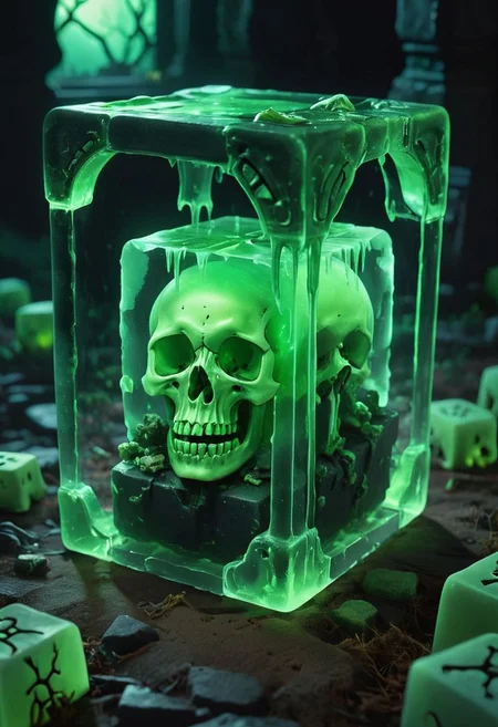 detailed background, glowing green Gelatinous cube(bones stuck inside), 2.418, refraction, graveyard backdrop, dark, composition, low-key, eerie, translucent, illumination, <lora:ral-crztlgls:0.5>, SDXL_TI_my_eyes_are_bleeding