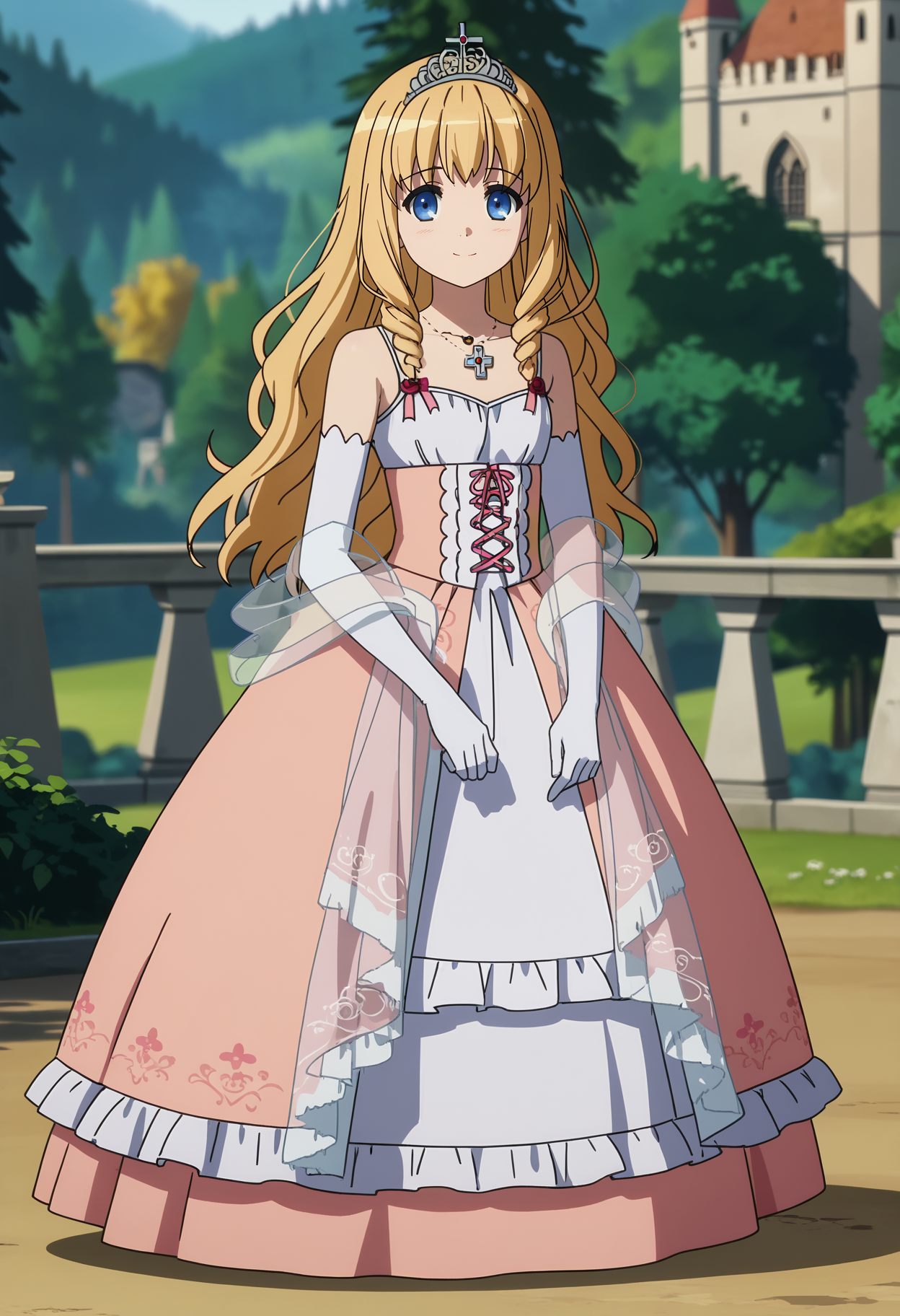 score_7_up, anime screencap,
<lora:AmagiBrilliantPark_LatifaFleuranzaXL:0.9>, LatifaFleuranza,
1girl, solo, closed mouth, light smile, light blush,
drill hair, blonde hair, blue eyes,
LatifaDress, tiara, multicolored dress, frilled dress, pink dress, white dress,bare shoulders, corset, see-through shawl, elbow gloves, whtie gloves, cross necklace, 
standing, looking at viewer, full body,
blurry background, outdoors, forest, castle, fence
