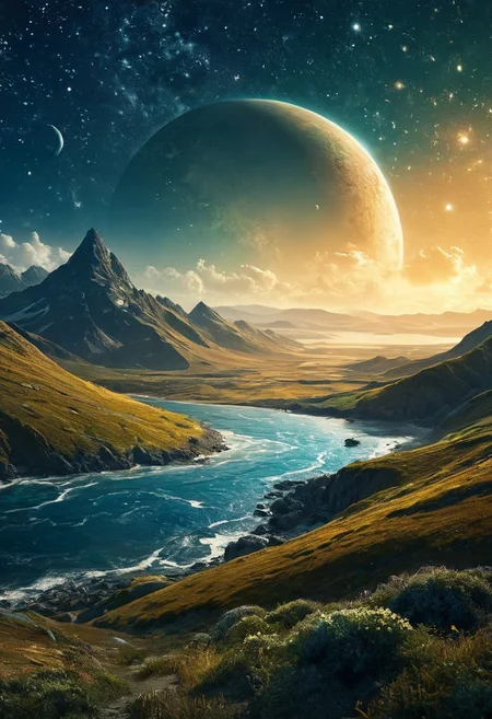 best quality, high quality, masterpiece, perfect composition, intricate details BREAK The expanse of hills which rolled away like swells on a sea, illuminated by a thousand stars. , 
sci-fi, fantasy