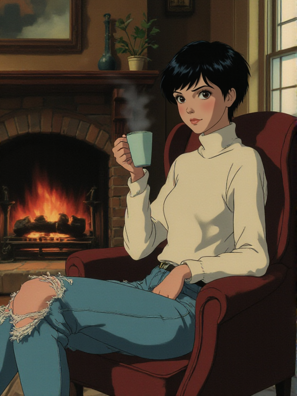 a woman, black pixies haircut.  She wears a white turtleneck and ripped jeans. she sits on a chair in a living room. She holds a hot coffee cup. She is next to a fireplace.  <lora:Anime_style:0.9> anime style