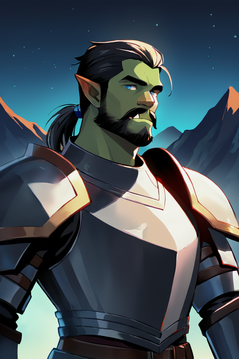 masterpiece, best quality, highres, newest, 1boy, solo, male focus, mature male, orc, colored skin, green skin, tusks, blue eyes, medium hair, black hair, hair slicked back, ponytail, facial hair, beard, mustache, looking at viewer, full armor, shoulder armor, breastplate, pauldrons, upper body, closed mouth, standing, outdoors, mountain, night, night sky, dark background <lora:Ani-B - Basic [LoRA] - NoobAI-XL EPS 1.0:0.8>