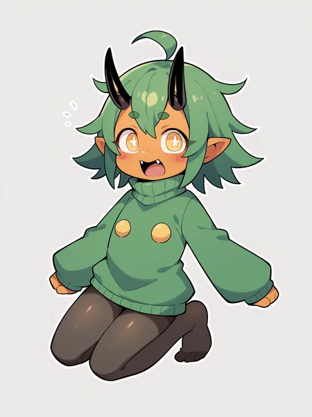 score_9, score_8_up, score_7_up, score_6_up, score_5_up, score_4_up, BREAK, source_cartoon, source_anime,
1girl, solo, (teal, green poncho, green dress, black pantyhose, ribbed tights, no shoes)
((sweater-dress)), (((pantyhose))), ((no-shoes)), ((messy-hair)), <lora:OgerXL-15:0.75> ogerpon, fangs, personification, green hair, messy hair, short hair, ahoge, black horns, blush stickers, yellow eyes, colored skin, orange skin, pointed ears, oni, little girl, flat chest
paw pose, open mouth, jaws