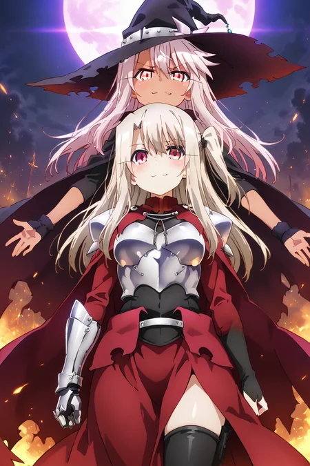 masterpiece, best quality, large breasts, (curvy), ,,, 2girls, chloe von einzbern, yellow eyes, pink hair, long hair, one side up, dark skin, illyasviel von einzbern, red eyes, white hair, long hair, red eyes, ,,, shiny metal, body armor, breastplate, fingerless gloves, shoulder armor, gauntlets, witch hat, mage robe, gold trim, smug, head tilt, smile, looking at viewer,<lora:PrismaIllyaIXL_v2:1.0>,