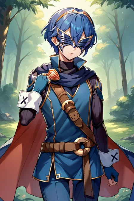 score_9, score_8_up, score_7_up, score_6_up, source_anime BREAK 1girl, <lora:lucina-pdxl-nvwls-v1-000005:1> defLuci, short hair, tiara, mask, covered eyes, cape, blue scarf, blue tunic, long sleeves, cuffs, fingerless gloves, belt, blue pants, night sky, looking at you, forest