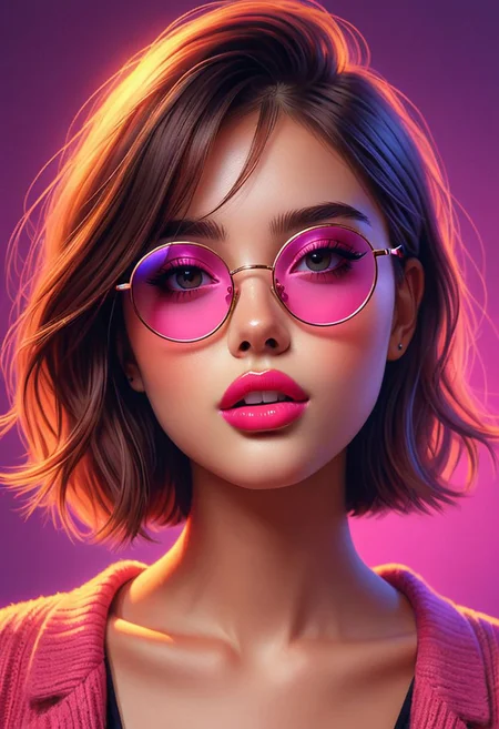 22 year old girl,
oversized round glasses.
shy appearance, big and
expressive eyes,
her lips pouty with a shine.
distinctive color palette dominated by neon tones,
subdued lighting casting soft shadows,
Hyperrealism,
digital painting
SunGlass