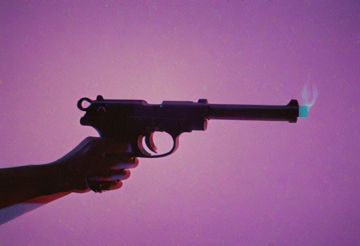 Describe the silhouette of a woman's hand holding a Walther PPK against a bleaked purple backdrop in the style of the iconic 1977 James Bond opening sequence. a small miniature naked womans Silhouette hanging on the guns barrel, The hand and weapon are shrouded in black silhouette, illuminated from behind by a spotlight cutting through mist. bailing_glitch_effect,
atmospheric haze, Film grain, cinematic film still, highly detailed, high budget, cinemascope, moody, epic, OverallDetail, gorgeous, 2000s vintage RAW photo, photorealistic, candid camera, color graded cinematic, atmospheric lighting, skin pores, imperfections, natural, shallow dof,