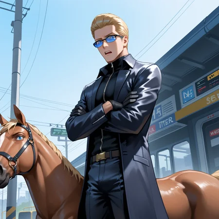 PonyScores7, source_anime, ah1, best quality, (masterpiece:1.4), (high quality:1.4), sharp focus, 4k, absurd resolution, <lora:albertwesker-guy-PONYv1:0.8> albertwesker, albert wesker, 1boy, solo, blonde, black gloves, sunglasses, belt, pants, black coat, black pants, looking at viewer, toned, athletic, fit, slicked back hair, black turtleneck, zipper, mature male, (graphene textured clothes), black boots, (Standing with arms crossed and a sly, raised eyebrow), (Horse riding), bad-hands-5, ((shocked expression)), <lora:xl_more_art-full_v1:0.2>, <lora:shinyskin2:0.2> glistening skin, <lora:aesthetic_anime_v1s:0.2>, <lora:Expressive_H:0.2> Expressiveh, <lora:hairdetailpxl:0.2> hairdetailpxl, <lora:detailxl:0.2> detailxl, (Eye-level angle (from the side) view Extreme Close shot (focus on feet)), (Train Conductor Uniform), (focused, intense glare), slit pupils, short hair, (blue eyes), best quality, amazing quality, best aesthetic, absurdres, <lora:expressive eyes:0.2> expressive eyes, <lora:eyedetailpxl:0.2> eyedetailpxl, illustration, Volumetric_Lighting, ultra-detailed, very aesthetic, intricate details, 8k, masterpiece, best_quality, (angular face, sharp_featured face),