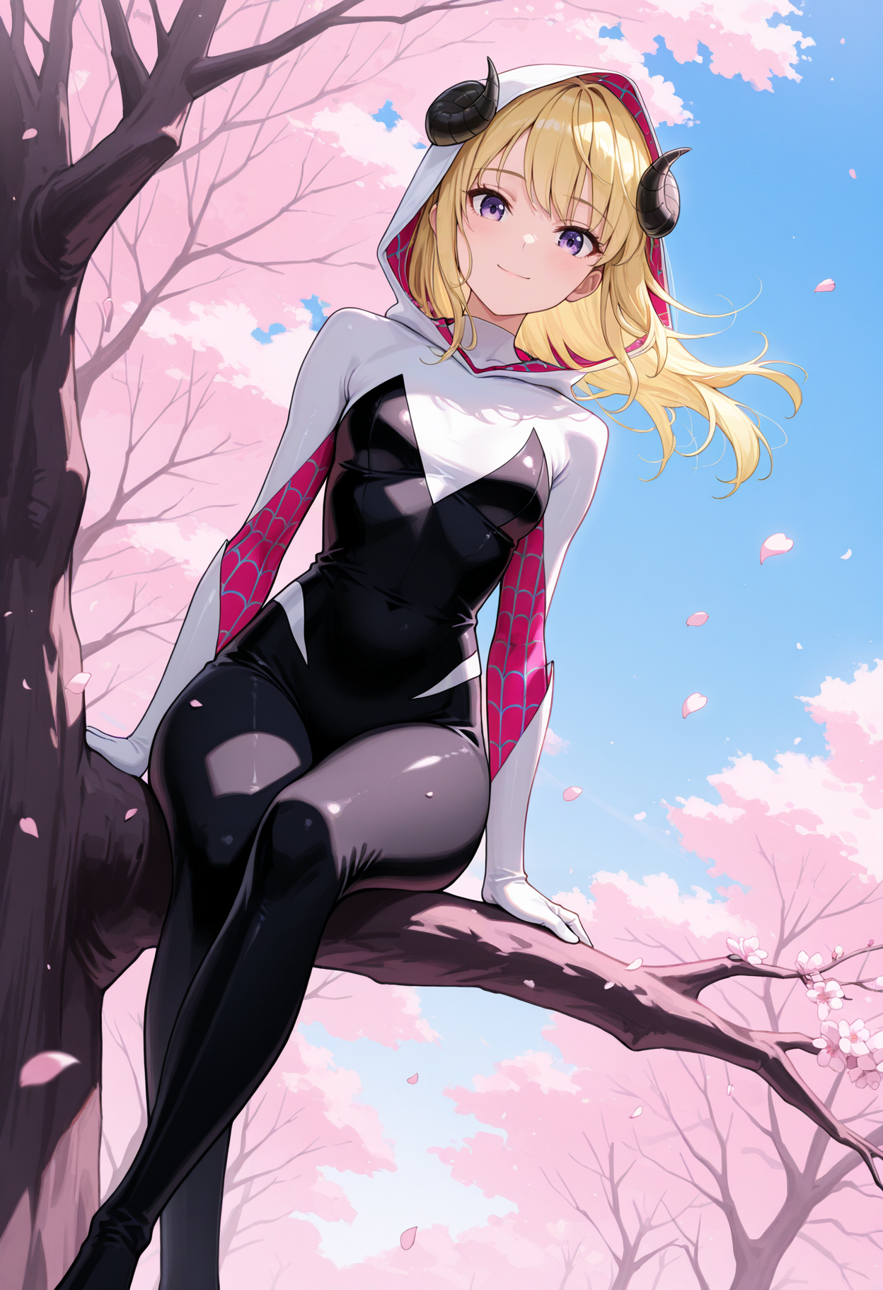 masterpiece, best quality, 1girl, solo, horns, long hair, hooded bodysuit, spider web print, bodysuit, hood, gwenstacy, hood up, petals, outdoors, wind, sitting in tree, in tree, sitting, tree, dutch angle, TsnmkWtm, blonde hair, purple eyes, cherry blossoms, blue sky, looking at viewer, closed mouth, smile