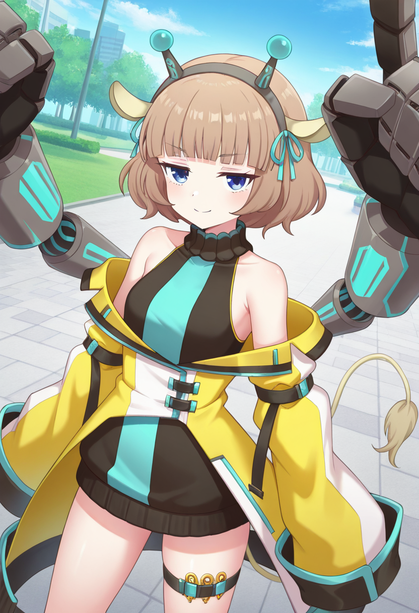 1girl,solo,<lora:gililiil:0.9>,gilili_(show_by_rock!!),blue eyes,jitome,brown hair,short hair,blunt bangs,hairband,horns,hair ribbon,animal ears,tail,black dress,open jacket,pleated skirt,yellow jacket,long sleeves,bare shoulders,off shoulder,sleeves past fingers,thigh strap,mechanical arms,looking_at_viewer,cowboy_shot,dynamic_angle,smile,legs_apart,day,park,masterpiece,best quality,good quality,newest,incredibly absurdres,index_finger_raised,