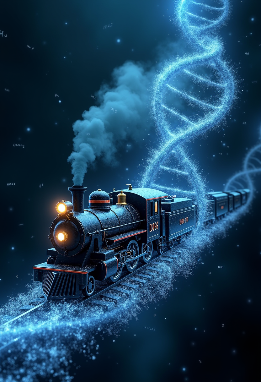 A a steam engine train riding through a floating glowing DNA strand surrounded by glowing formulas, equations, digital codes