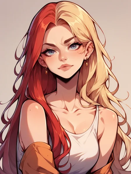 score_9, score_8_up, score_7_up, score_6_up, score_5_up, <lora:spl1th41rXLP:1> spl1th41r, two tone hair, 1girl, long hair, red blonde hair