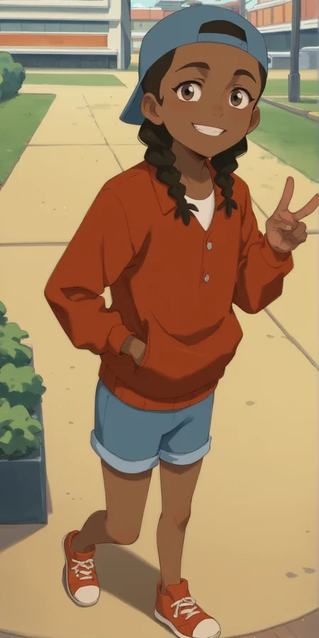 masterpiece, high quality, score_9, score_8_up, score_7_up Flip Johnson, Dark-skinned female, twin braids, black hair, backwards hat, baseball hat, brown eyes, shorts, red jacket, white shirt, ((cute)), 1girl, smile, looking at viewer, full body, short<lora:Flip_Johnson_of_My_Adventures_with_Superman:0.9>