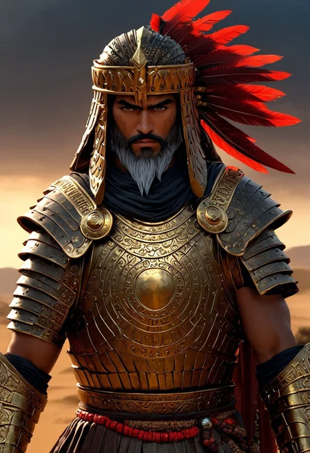 A powerful Mesopotamian warrior standing tall in ancient armor, holding a curved sword in one hand and a round shield in the other. He is dressed in intricately detailed armor made of bronze, with golden accents and decorative patterns inspired by ancient Mesopotamian art. His attire includes a long tunic with embroidered designs, a leather belt, and a headdress resembling those worn by the warriors of ancient Sumer or Akkad. His strong, determined face is framed by a short beard and a serious gaze. The warrior stands on a dusty battlefield, with towering ziggurats and distant city walls in the background. Above, the sky is overcast, with dark clouds rolling in, and a fierce wind blowing across the scene. The color palette is a mix of earthy browns, golds, and deep reds, giving the scene a sense of ancient power and civilization.
, moody light, by H.R Giger, 4k resolution digital art trending on Artstation and unreal engine 5, hyperrealism, full body shot, glowing eyes, cinematic, epic, masterpiece, surreal, fantasycore, hyperdetailed, ultra realistic, octane render, volumetric lighting, depth of field, bokeh, 8 <lora:Details:0.85>