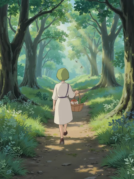 A young woman with light green hair and a white tunic is walking through a forest path, holding a basket filled with fresh mushrooms and herbs. The forest is alive with the sound of birds chirping, and the air is fresh and cool. Sunlight filters through the canopy, creating soft beams of light. The scene takes place in the early afternoon.