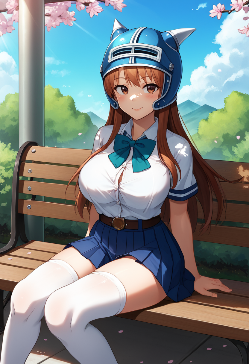 score_9, score_8_up, score_7_up source_anime BREAK 1girl, solo, looking at viewer, 
<lora:DaisyDqDwnsty:1>, daisydq, brown eyes, brown hair, long hair, blue helmet, white shirt, collared shirt, bowtie, pleated skirt, blue skirt, school uniform, white thighhighs, outdoors, sunlight, school yard, cherry blossoms, blue sky, bench, outdoors, sunlight, school yard, cherry blossoms, blue sky, bench, sitting, on bench,
large breasts, smile, blush,