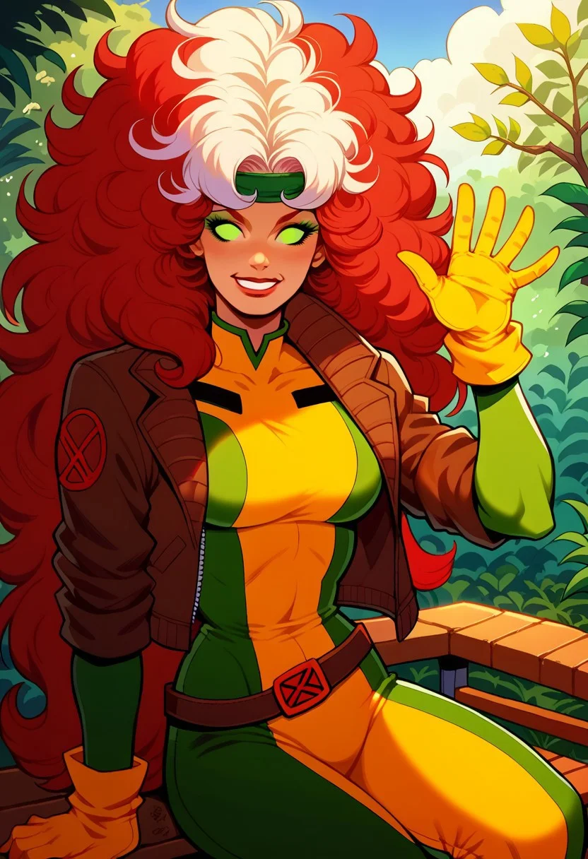score_9, score_8_up, score_7_up,score_9, score_8_up,<lora:r0gue:0.85>,1girl, StarfireDG, red hair, orange skin, green eyes, no pupils, dskrge_xm3n, 1girl,solo,long hair,looking at viewer,red hair,gloves,green eyes,jacket,white hair,open clothes,open jacket,lips,bodysuit,makeup,headband,lipstick,skin tight,multicolored clothes,buckle,belt buckle,leather,superhero,bomber jacket,dyed bangs,multicolored bodysuit,green bodysuit,yellow bodysuit, sitting on bench, smile, waving hand, smile, kind, looking at viewer, dynamic view, in the garden, sfw
